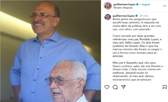 Guilherme Lopes destaca inspiração familiar e compromisso com Penedo em publicação