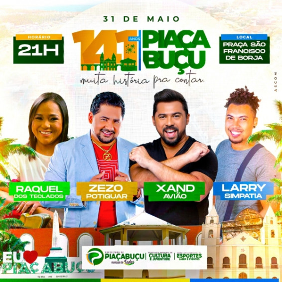 Zezo, Raquel, Xandy Avião e Larry Simpatia se apresentam em Piaçabuçu nesta quarta, 31